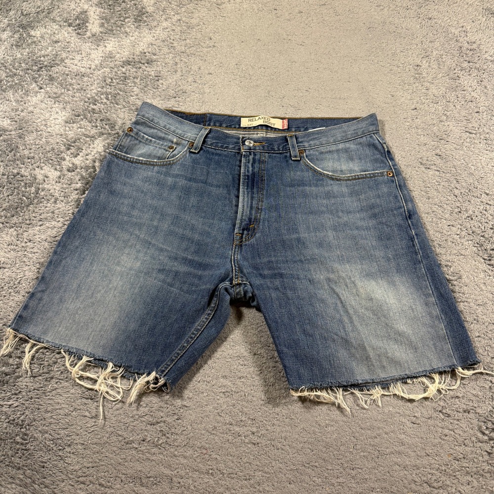 Levis Mens 557 Relaxed Boot Cut Off Denim Shorts W34 Blue Raw Hem Cotton